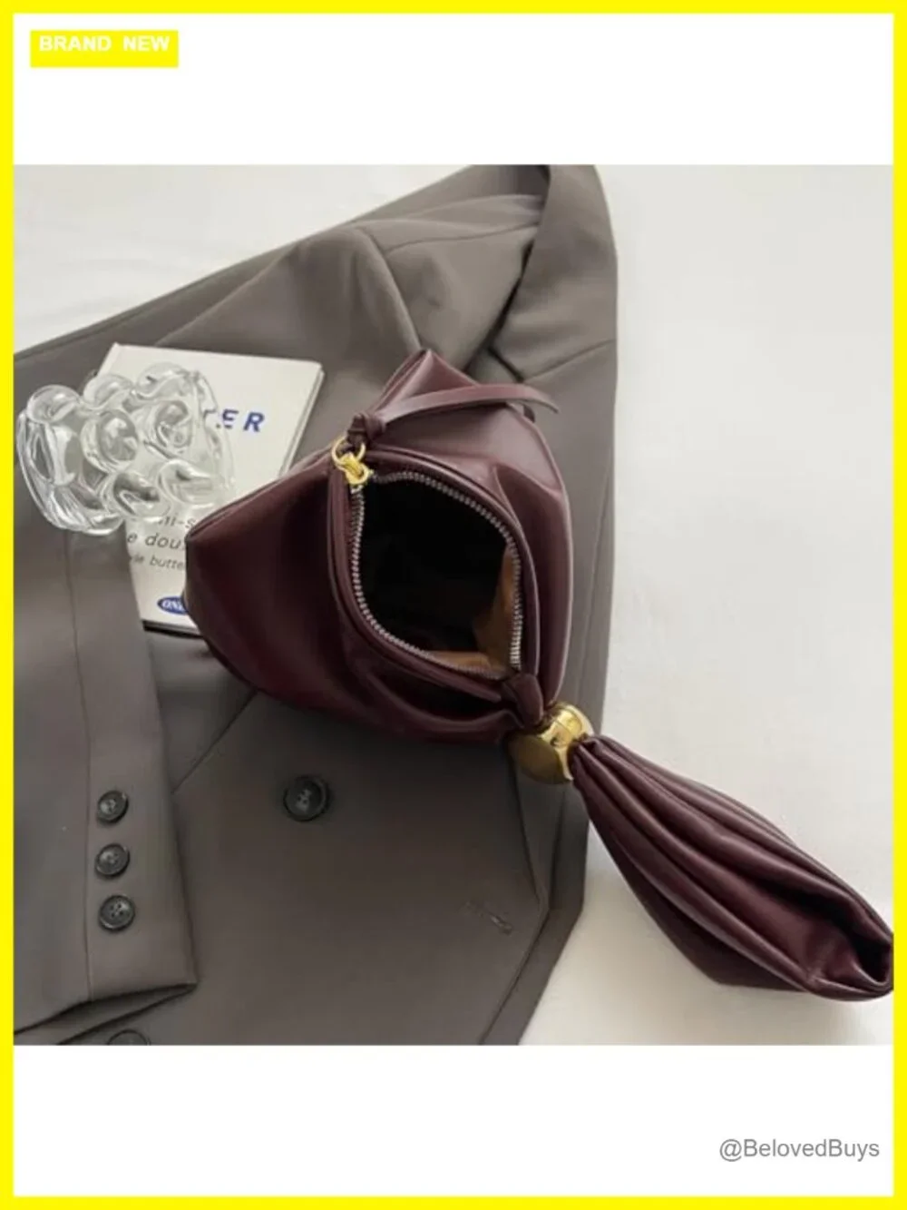 Vegan Leather Knot Clutch Purse Wristlet Mini Tote Handbag with Gold Hardware